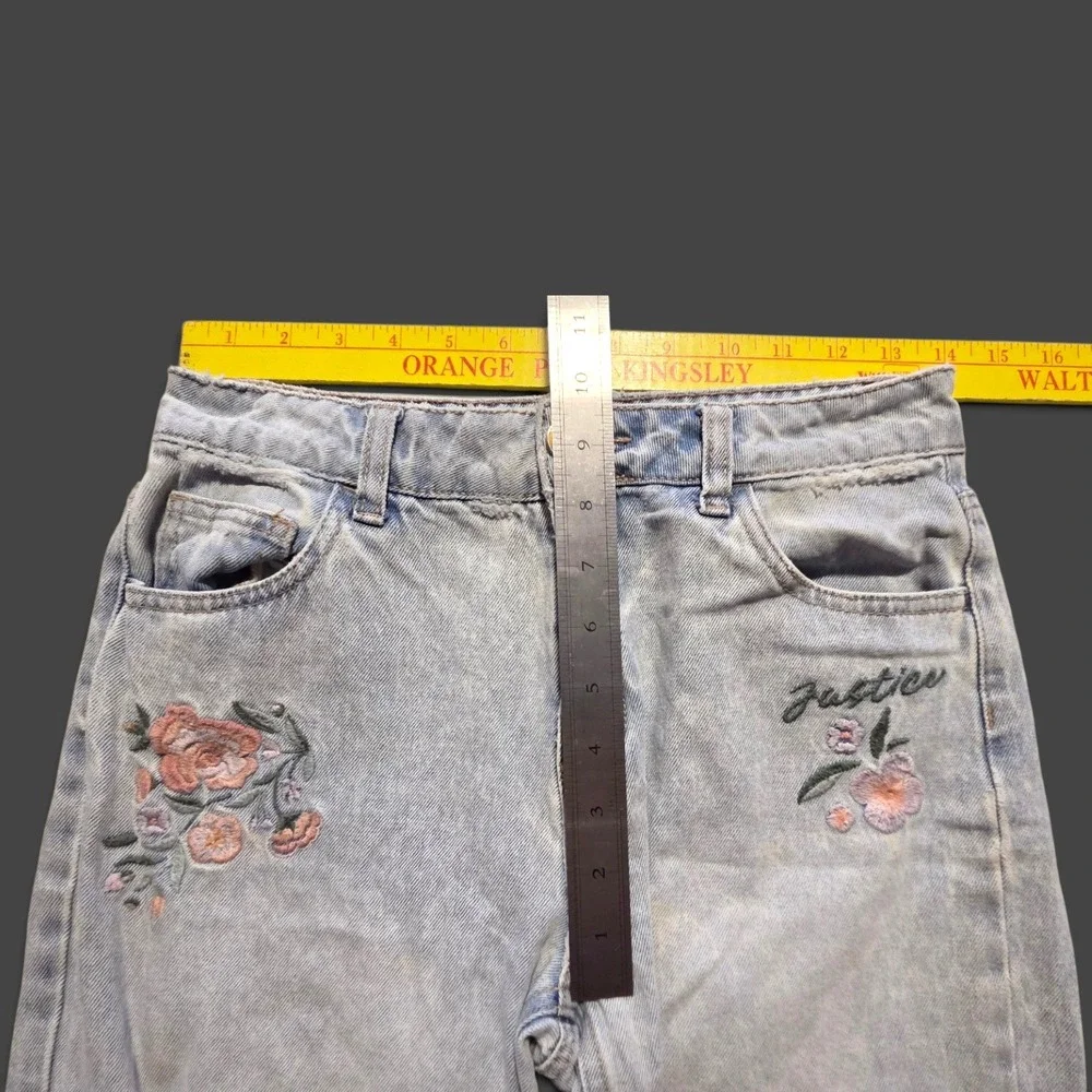 Justice Girls Size 14 Wide Leg Floral Embroidered Distressed Light Wash Jeans